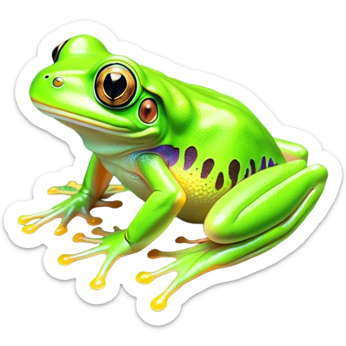 Cinematic Noble Green Tree Frog Portrait Emoji, Poised and alert, with a compact, vibrant body clad in bright, glossy green skin accented by delicate, sticky toe pads and large, bulging, observant eyes, Simplified yet sharp and sophisticated features, highly detailed, glowing with a soft, verdant luminescence, high shine, intelligent and sprightly, stylized with an air of tropical elegance, focused and attentive, soft glowing outline, capturing the essence of a watchful and confident amphibian that appears ready to leap out of the screen with effortless agility! sticker