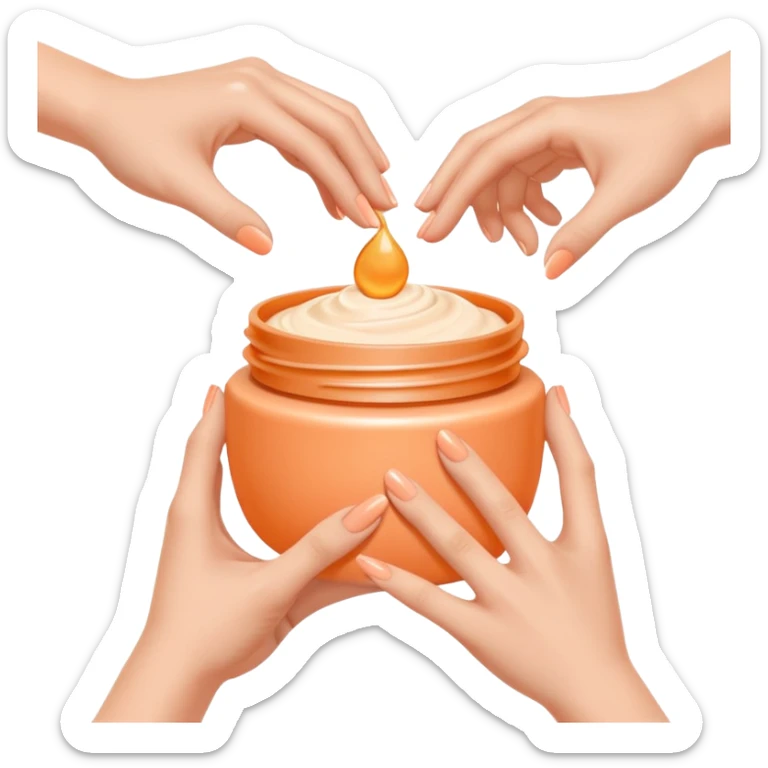 Minimal emoji of hands gently applying skincare cream, soft nude and peach tones, clean beauty aesthetic, calm and elegant, subtle glow sticker