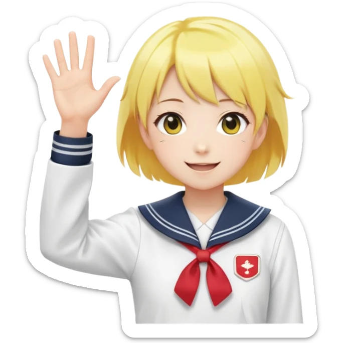 Anime girl with short bright yellow hair wearing Japanese sailor style school uniform, composed posture with hand on hip but energetically waving with other hand, excited smile and happy eyes sticker