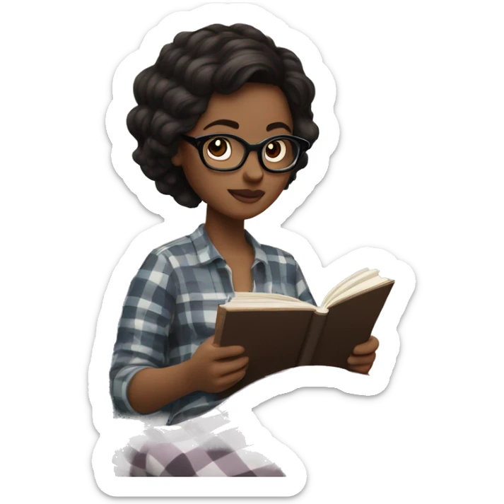 a white girl with glasses and dark hair is sitting in a cot with a plaid and reading a book sticker