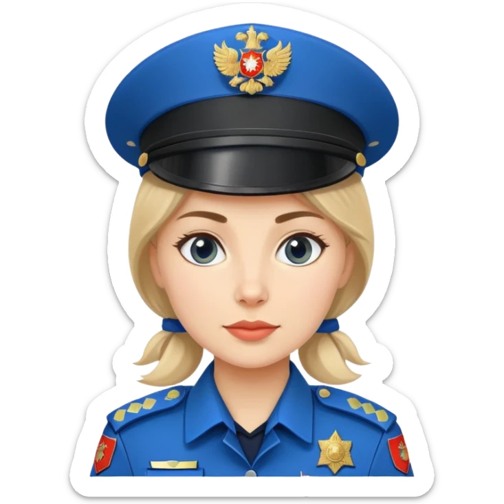 Female Russian police officer with traditional Russian police hat and blue uniform sticker