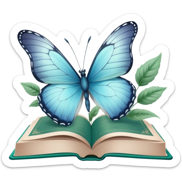 A pale blue butterfly hovering over an open green book with faded botanical illustrations. sticker