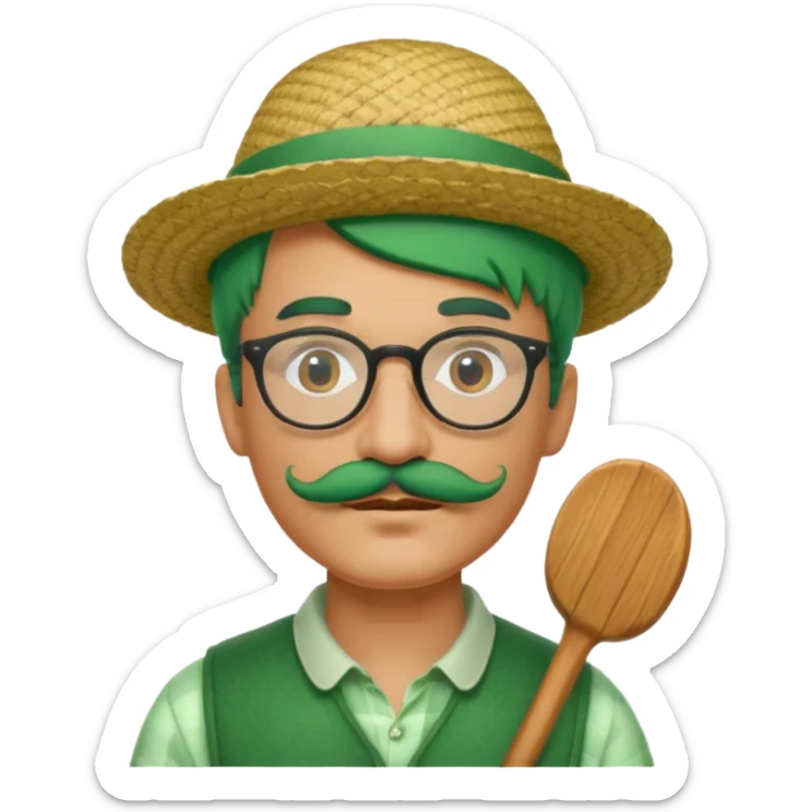 venice gondolier with green hair, iconic hat, normal glassess and mustache sticker