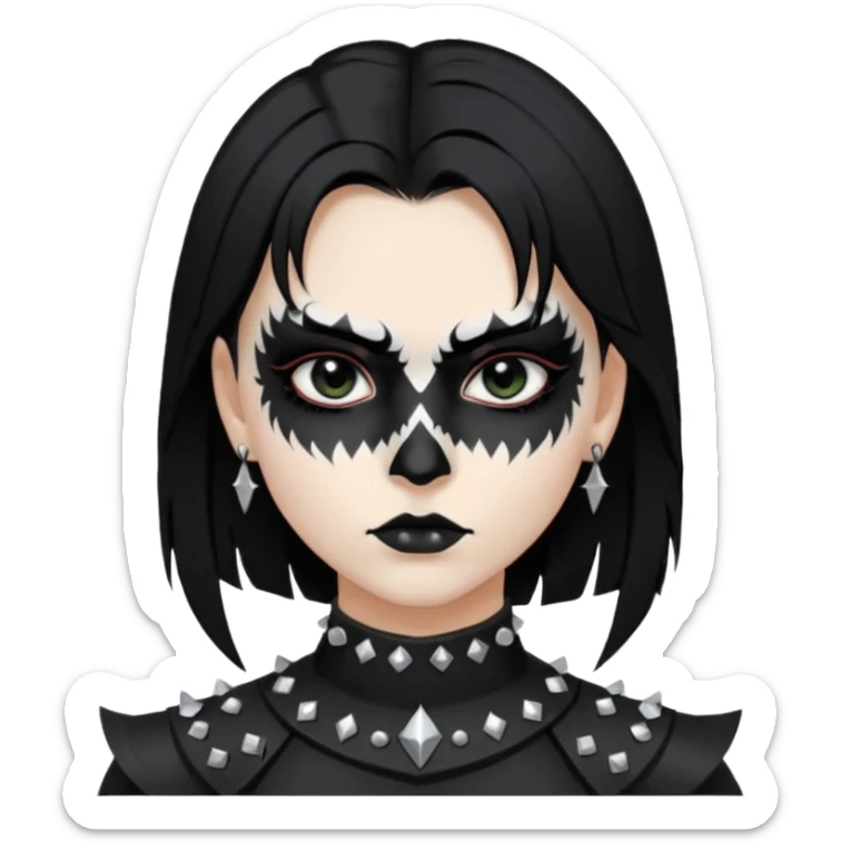 Crea una ragazza con stile black metal,  paint face black metal, capelli neri mossi dalle spalle e occhi bianchi e un collare con borchie a punta sticker