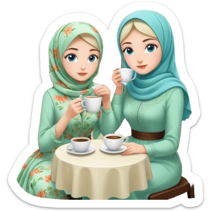 Turkish beautiful finish Konya girls blue eyes with Beautiful light green floral hijab long tail dress and the two friends in a white lovely coffeehouse sits on the chair on the ground and holds cup coffe with her hand  sticker