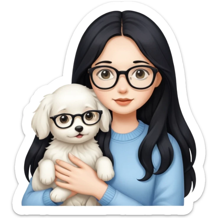 A beautiful girl with long black hair and glasses is holding a long-haired white puppy sticker