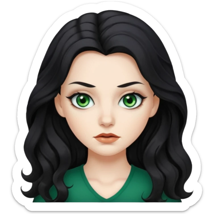Mean looking white girl with long, wavy black hair, green eyes, and wearing makeup. sticker