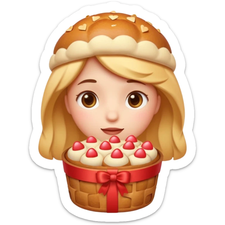 Apple-style emoji illustration of a cuteperson  with dreamy eyes thinking of a traditional panettone, small hearts floating around, soft 3D emoji style, smooth gradients, rounded shapes, warm festive colors, simple expression, centered composition, transparent background, no text. sticker