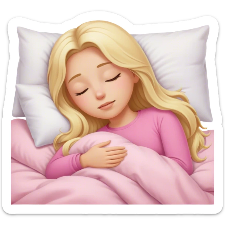 Cinematic realistic blonde with long hair, dressed in a pink top, sleeps in a cozy, soft bed, covered with a white duvet sticker