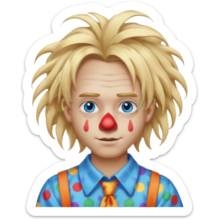 clown boy with messy very long long blonde hair blue eyes, designer shirt and hair pins sticker