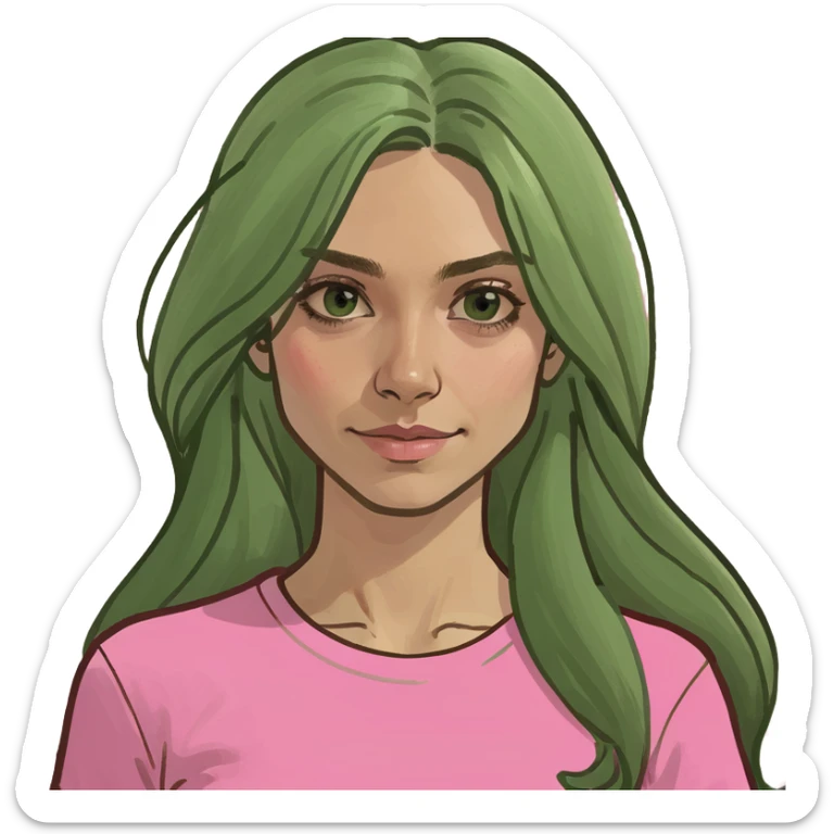 Tan woman with long dirty blond hair with brown roots and brown eyes with a pink shirt sticker