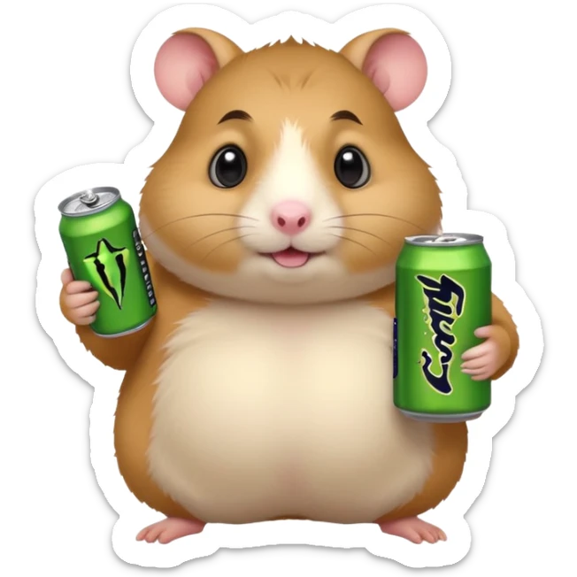 Funny cartoon-style fat hamster with big wide eyes  holding a can of monster energy in one hand and redbull in the other hand sticker