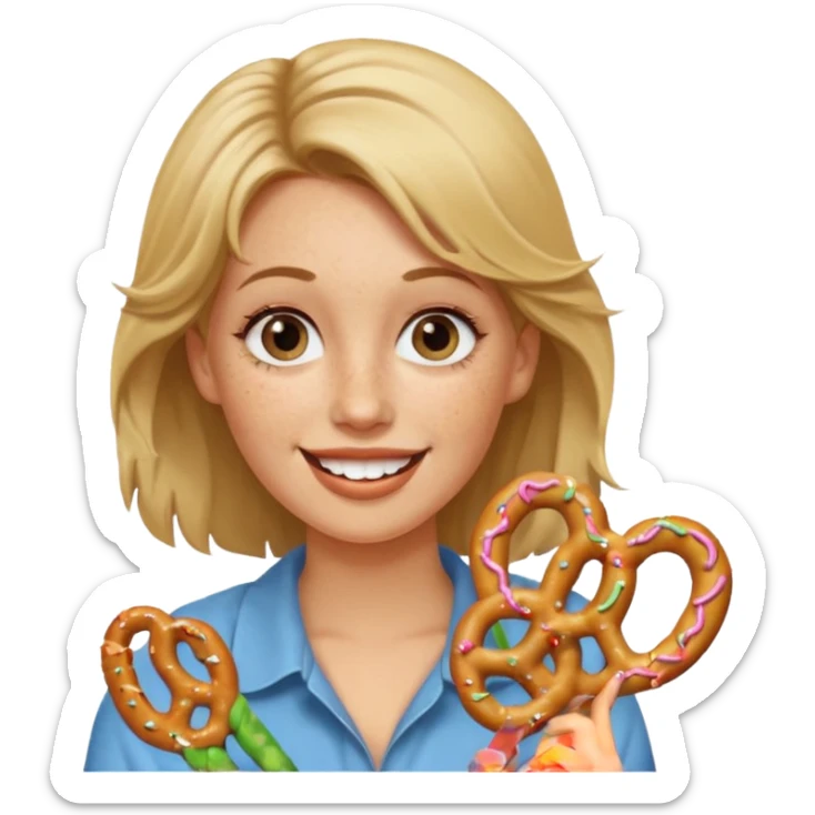 Woman with Dirty blond hair, fair skin with freckles,  holding pretzels and winking one eye sticker