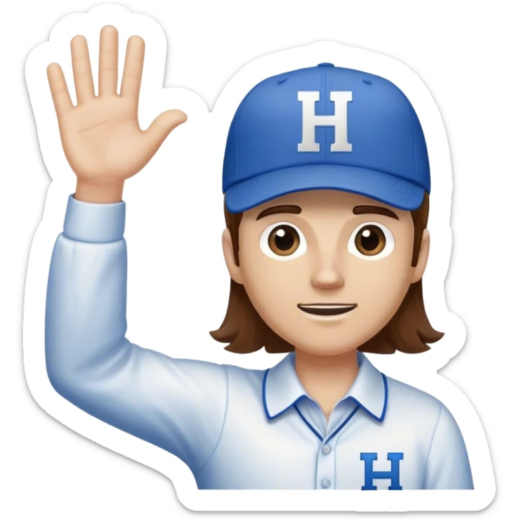 White Man with mid-length brown hair wearing blue baseball hat with the letter H on it. Hand waving. He is wearing a collared white dress shirt with nothing on it.   sticker