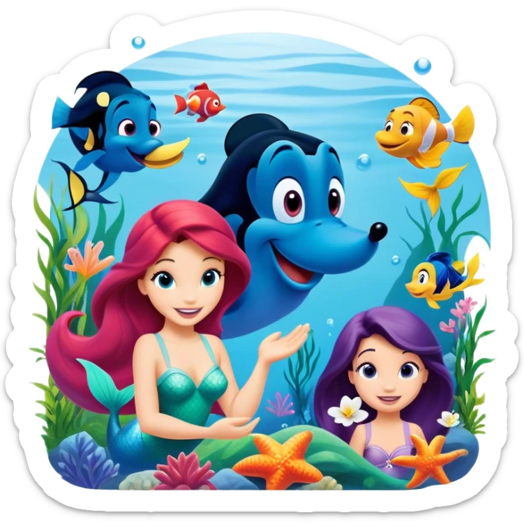 Colorful icon for Animated Movies: A vibrant collage featuring iconic characters like Goofy, Mickey Mouse, Ariel the Little Mermaid, Jasmine, Masha and the Bear, and Luntik. Each character should be large and bright, set against a cheerful and playful background. Transparent background. sticker