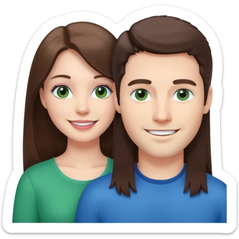 “A pink Polaroid-style photo of a couple: a white woman with long brunette hair and blue eyes, and a white man with short brunette hair and green eyes.” sticker