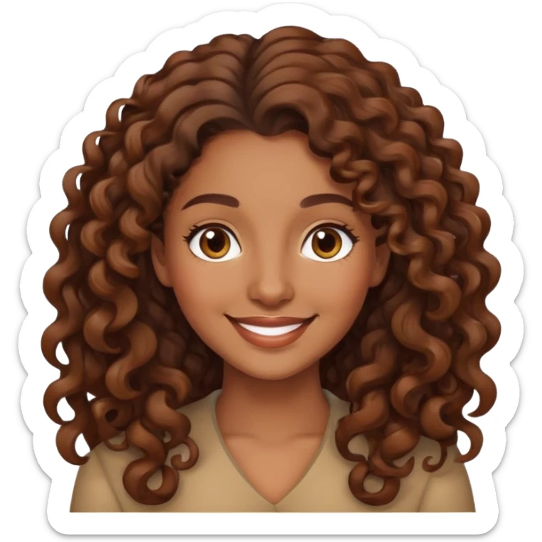 "- Nữ
- 30 tuổi
- Da nâu
- Tóc xoăn nâu, dài 
- Mặt cười mỉm
- Đổi ngôi tóc sticker