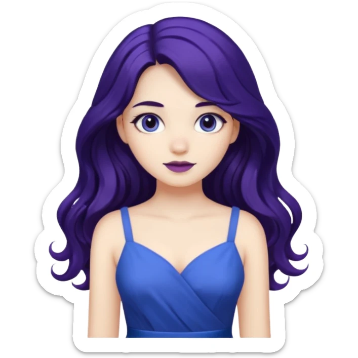 long wavy dark purple hair, white skin and blue dress girl sticker