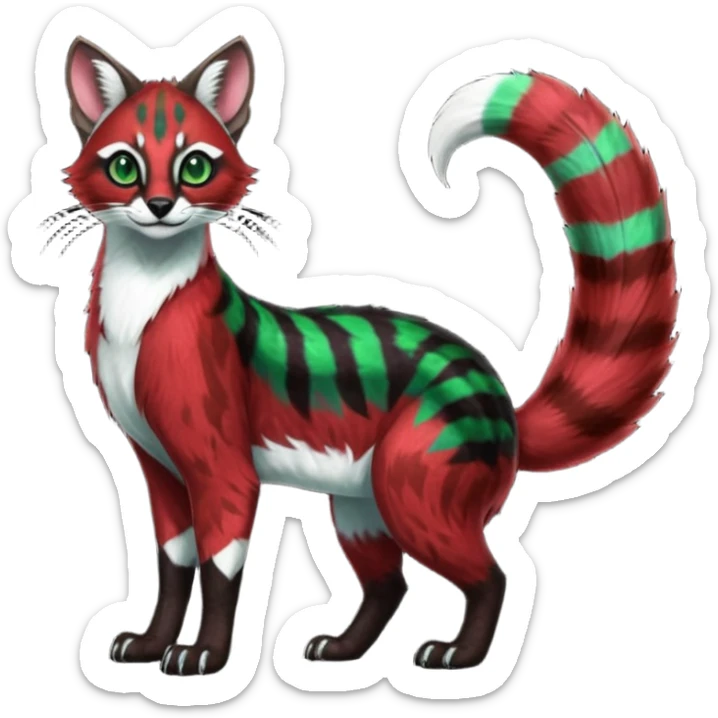 Colorful dark tropical sanguine-red, black, white fur, with green eyes, iridescent glorious divine exotic cute cool beautiful shiny beautiful fantasy-caracal-civet-genet-sergal-vernid-Cacomistle-oncilla-animal-Fakémon-hybrid-fursona with pattern markings (full body) sticker