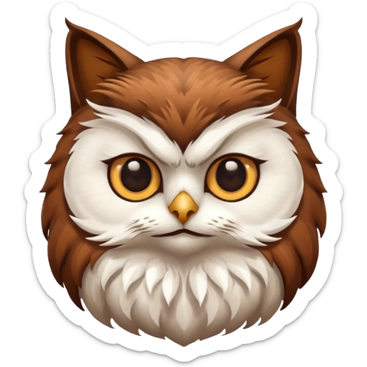 An cats head with a brown on top of the head of the cat the cats head infused with an white owls body with brown wings sticker