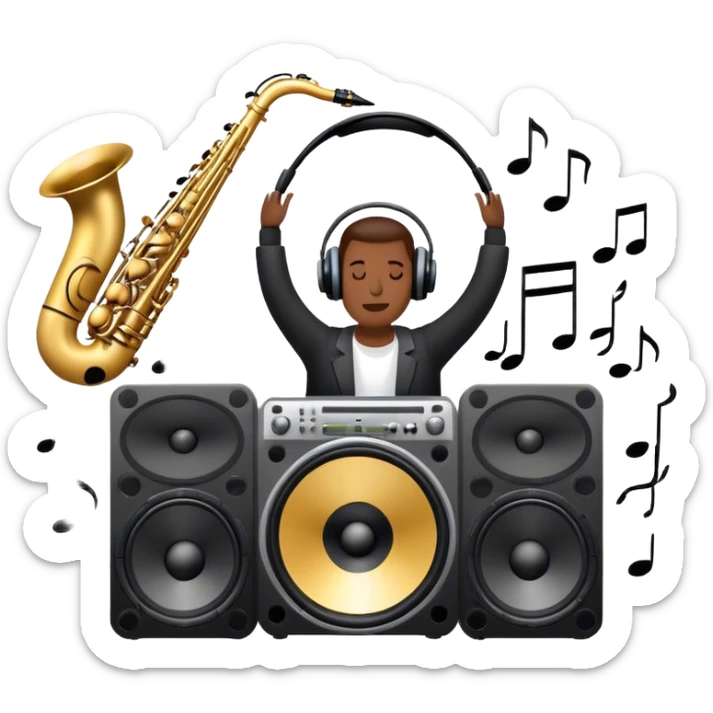 Icon for R&B Music Listening: large concert speakers and headphones with waves of musical notes coming out, along with drums and bass guitar and saxophone. The icon should convey the energetic and rhythmic vibe of R&B music. Transparent background sticker