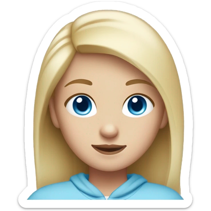 A girl with blue eyes and blonde hair and whitwhite skin and wearing a light blue sweatshirt sticker