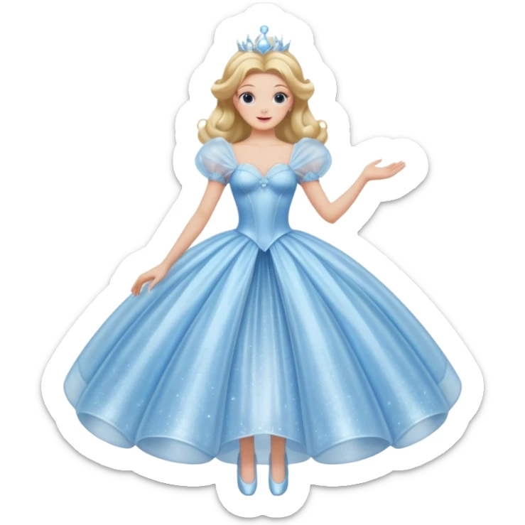 The bubble dress is typically a voluminous ball gown, designed to make Glinda look like she’s literally floating in a bubble. It features:  Pale blue or shimmering white-blue hues (in Ariana Grande’s movie version, it’s a soft, cotton-candy blue). sticker