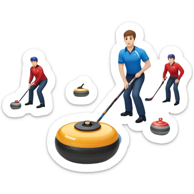 An icon showing a curling stone sliding across an icy rink toward the target, with sweeping players in action. The scene includes spectators, bright arena lights, and national flags, set against a clean, winter-themed background. Transparent background captures the focus and strategy of curling. sticker