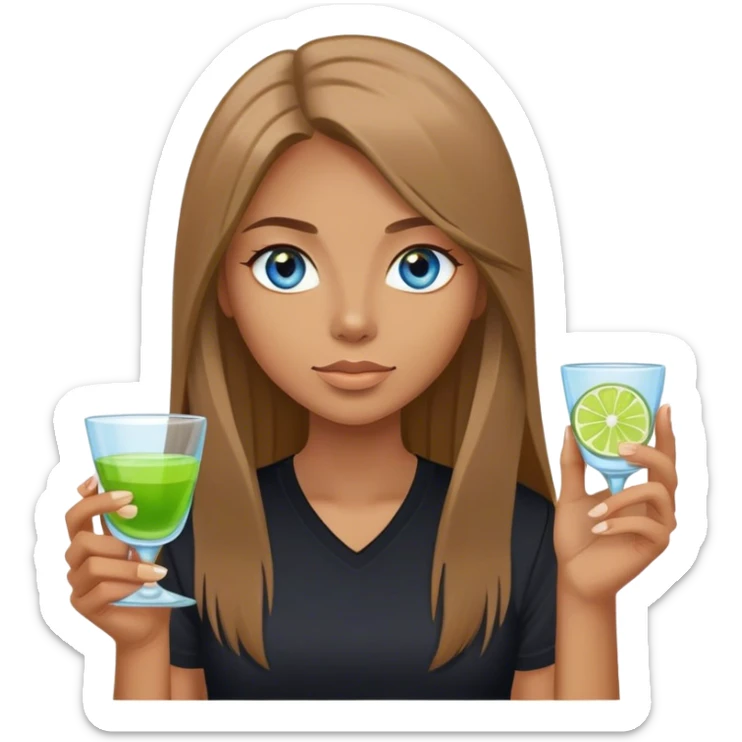 tan woman, black shirt, long light brown straight hair, grey blue eyes, holding a shot with lime sticker