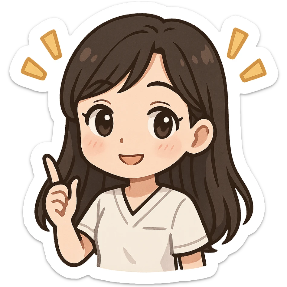 3D chibi bitmoji style sticker of a girl with long dark hair, white medical top, kind and smart face with exclamation marks, white outline, transparent background sticker