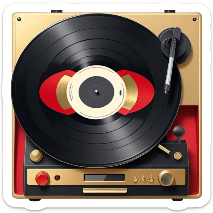 Icon for Vinyl Record Collecting: large black, golden and red vinyl records in decorative packaging featuring artist images, neatly arranged on a wall or shelf, modern vinyl record player. The icon should reflect the aesthetic and artistic aspect of collecting vinyl records. Transparent background. sticker