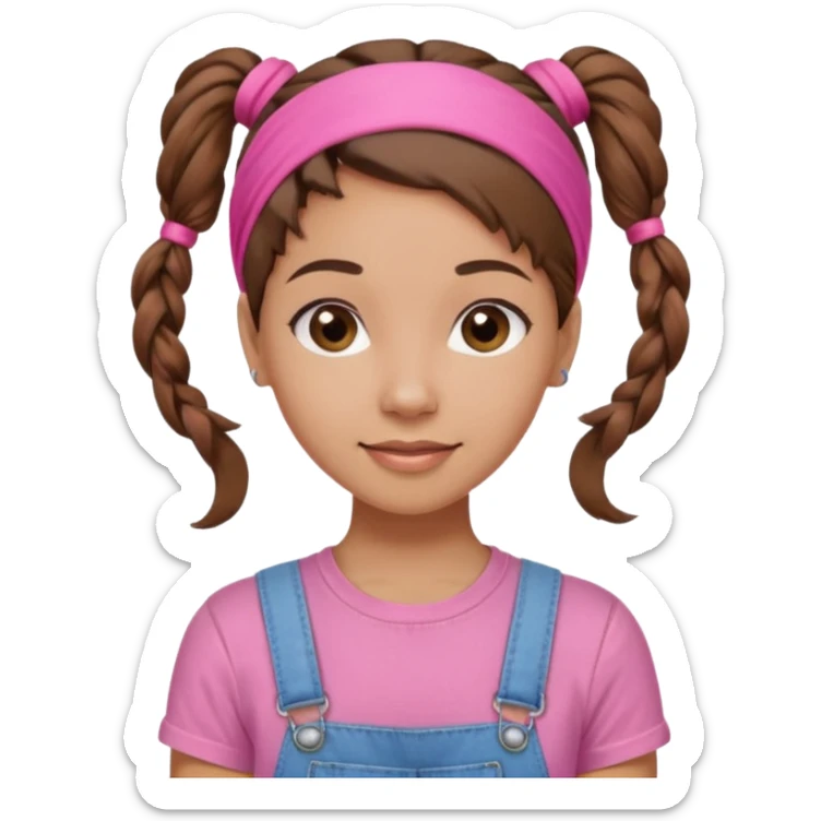 light skin woman with nice brown hair tied together in a one hairtie, wearing a pink t-shirt, demin overalls and pink wraparound hairband. expression is friendly, warm and enthusiastic.  sticker