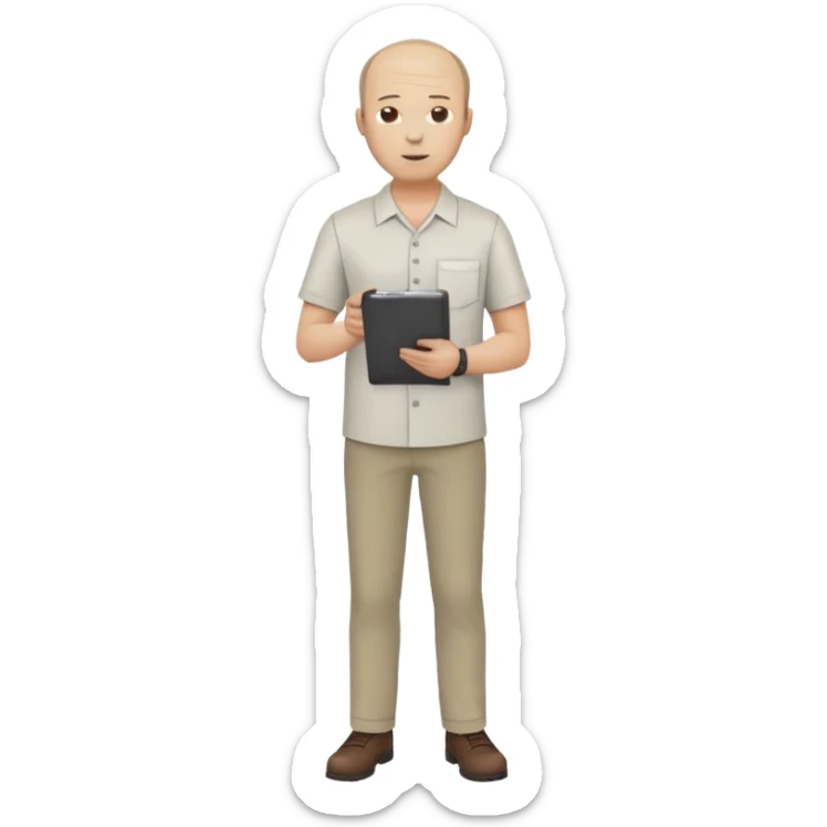man, mid 30's shirt and trousers balding hairline, full body, standing, holding a clipboard sticker