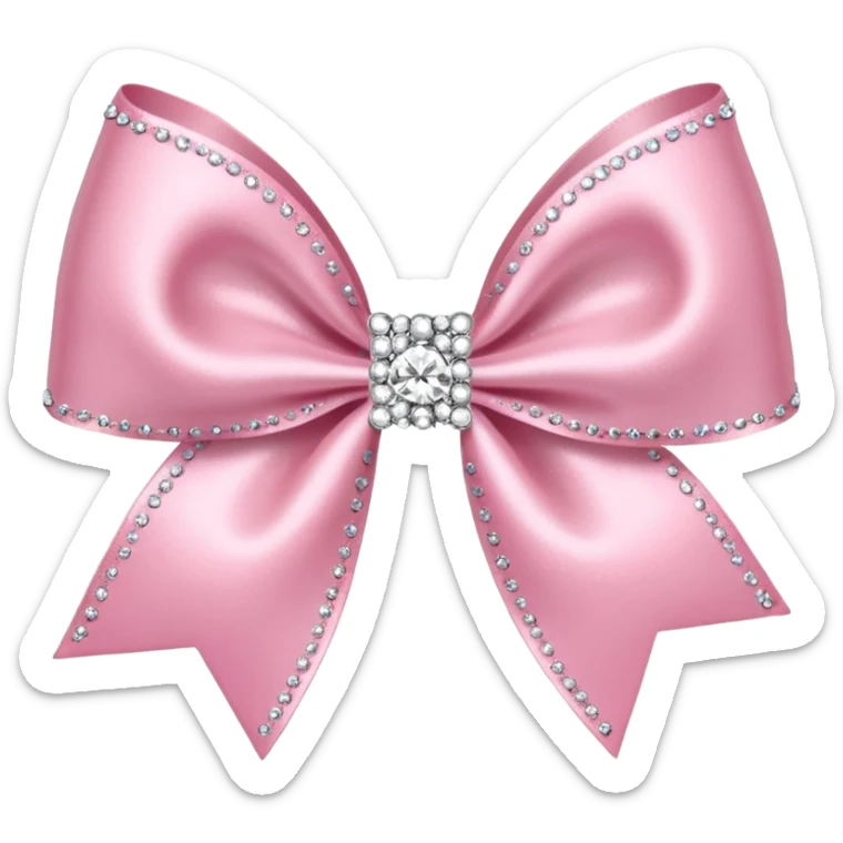 Cutesy pink bow emoji. Shiny baby pink satin ribbon. It's silver glitter sparkles on it. Shiny with rhinestones and shadowed to look three-dimensional sticker