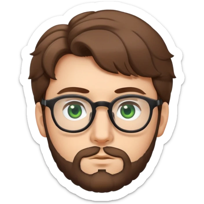 Young man with slightly curled brown poofy hair, green eyes wearing glasses, wide face with eyes set apart, bigger ears, and stubble but not a full beard sticker
