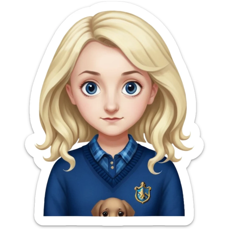 Evanna Lynch is Luna Lovegood in harry potter, wear dark blue sweater plaid shirt inside sticker