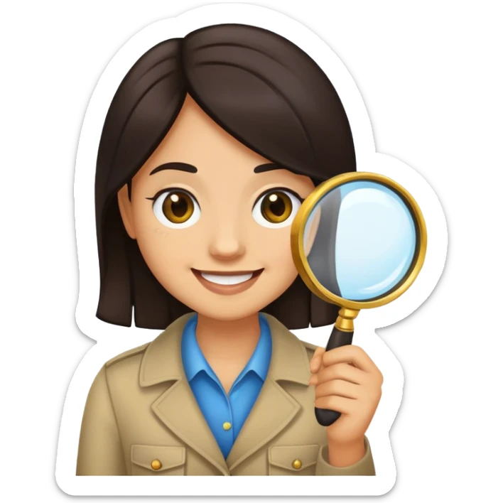 Pip from A Good Girl's Guide to Murder, emoji style, with a magnifying glass, dark hair, clever smile sticker