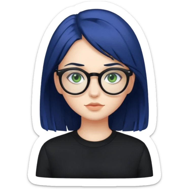 A girl with dark blue hair, glasses and green eyes, wearing black clothes  sticker