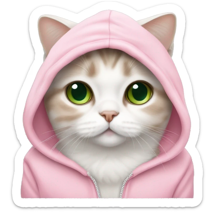 scottish fold cat lop ears green eyes white fur in pink hoodie sticker