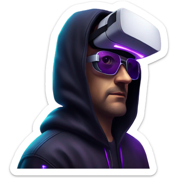 Russian man wearing a black hoodie with "OMG" letters on it and VR headset in a cyberpunk VR environment with violet neon lighting. sticker