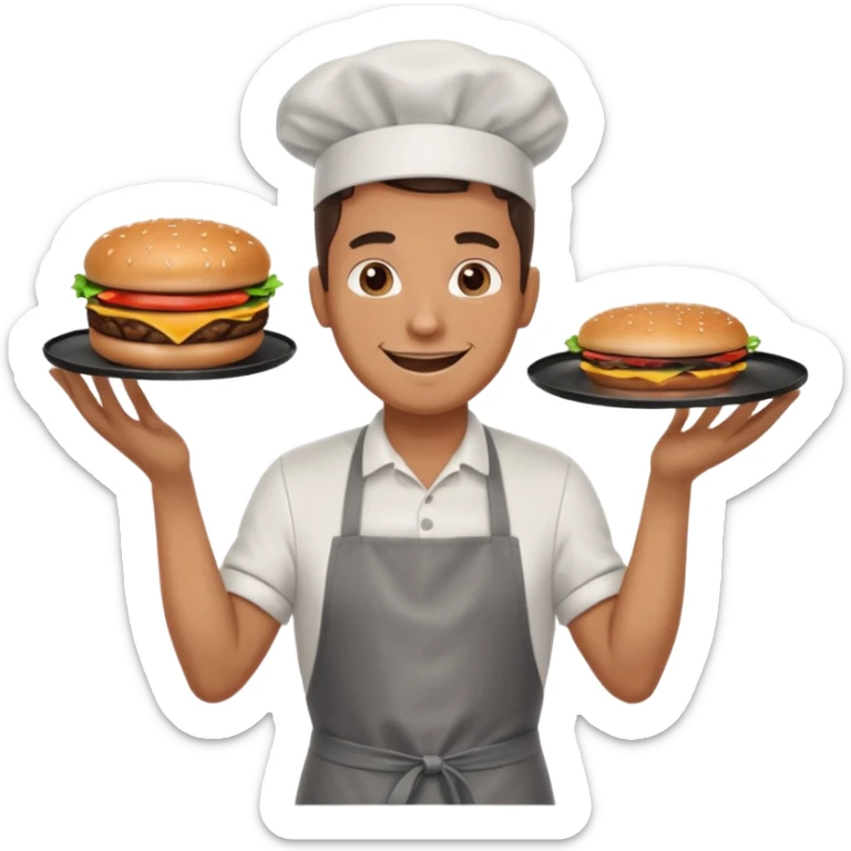 A cheerful man in an apron flipping burgers on a sizzling grill with smoke puffing upward. sticker