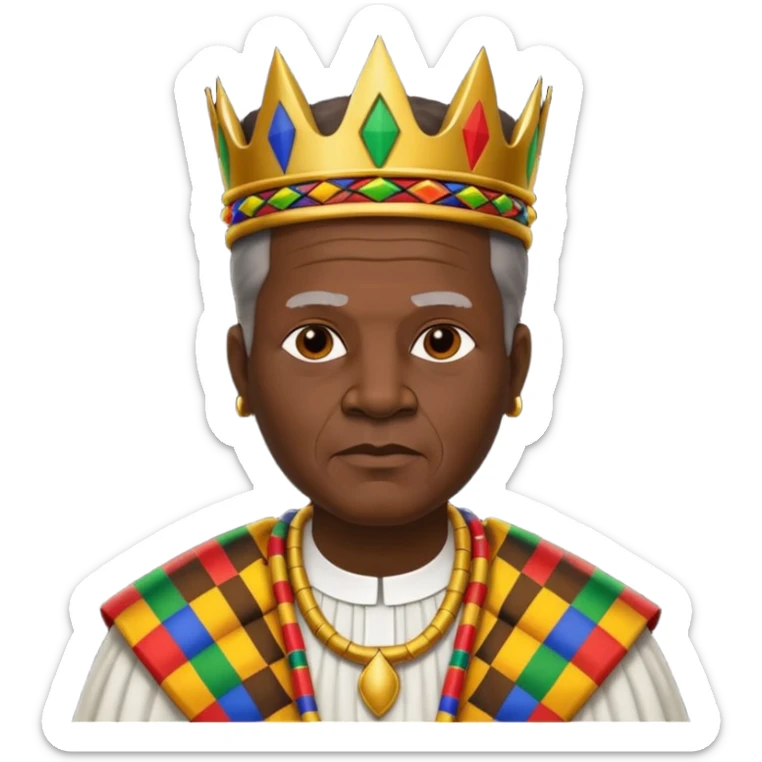 Create an emoji of an old African king wearing kente cloth and white shirt sticker