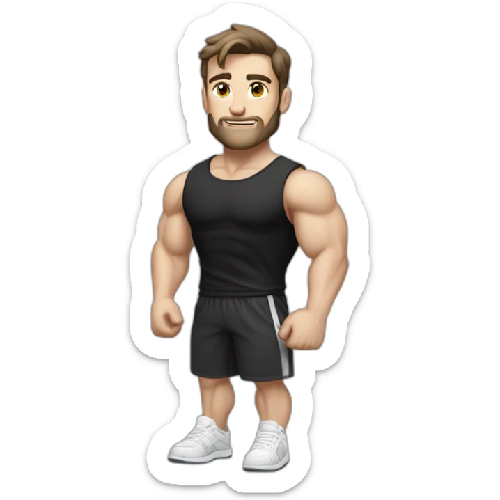 Idyll Pale skinned Fit Man With the biceps and dark brown hair in black shirt, gray sports shorts and white Sneakers sticker