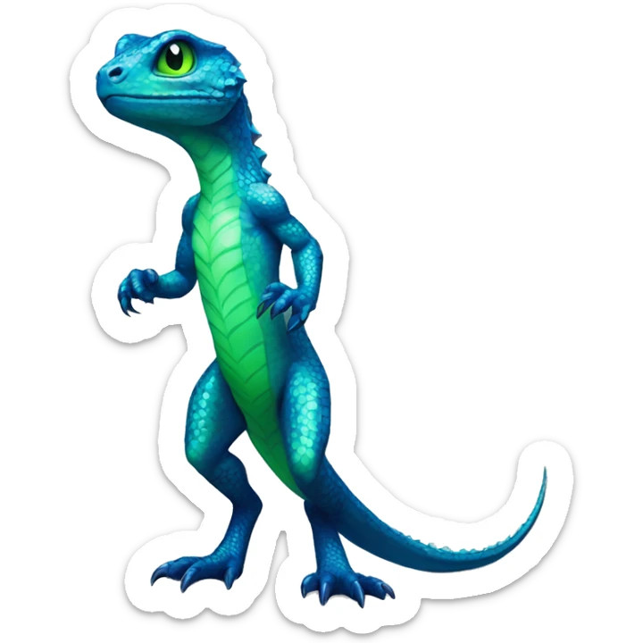 A Cyan Shiny Glossy Anthro-Lizard-Reptile-Salamandrian-Fakémon with dark-blue patterns and light-green belly Full Body sticker