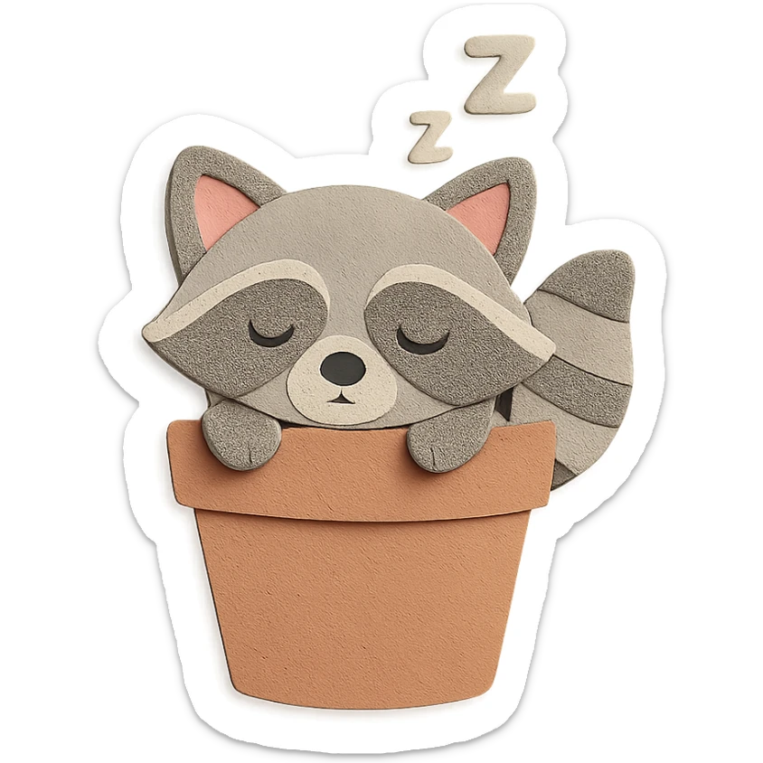 a sleepy raccoon inside a flower pot, pastel earthy colors, paper craft style sticker