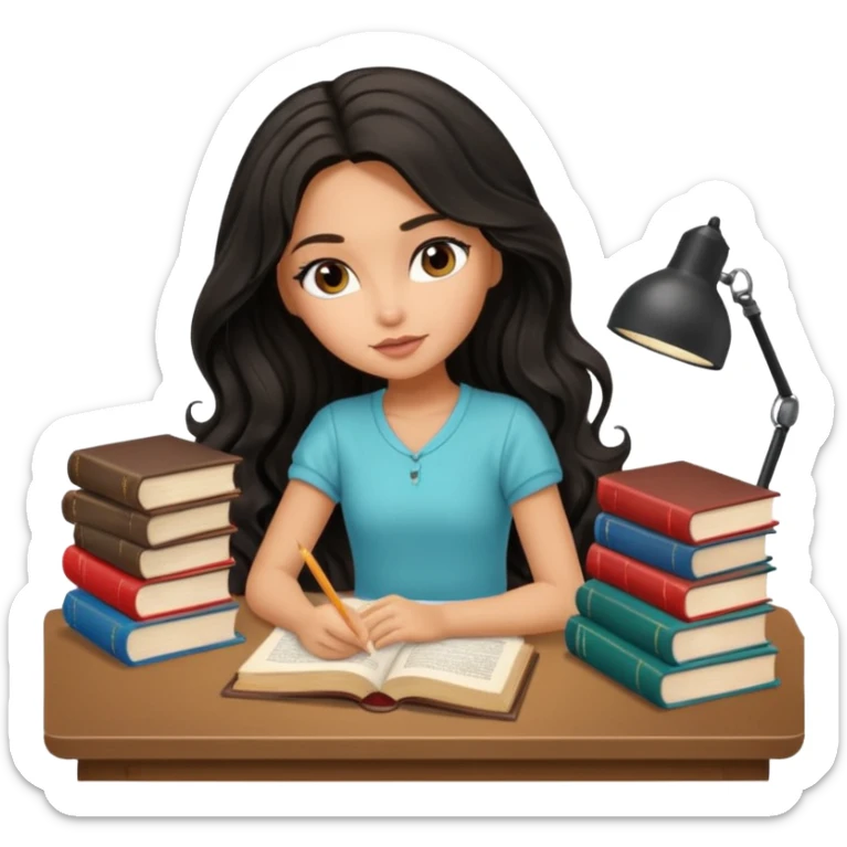 a pretty tan bratz girl with black wavy long hair studying. Pile of books on the table. No glasses sticker
