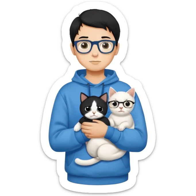 A boy wearing a sweatshirt, black hair and glasses is holding a white cat sticker