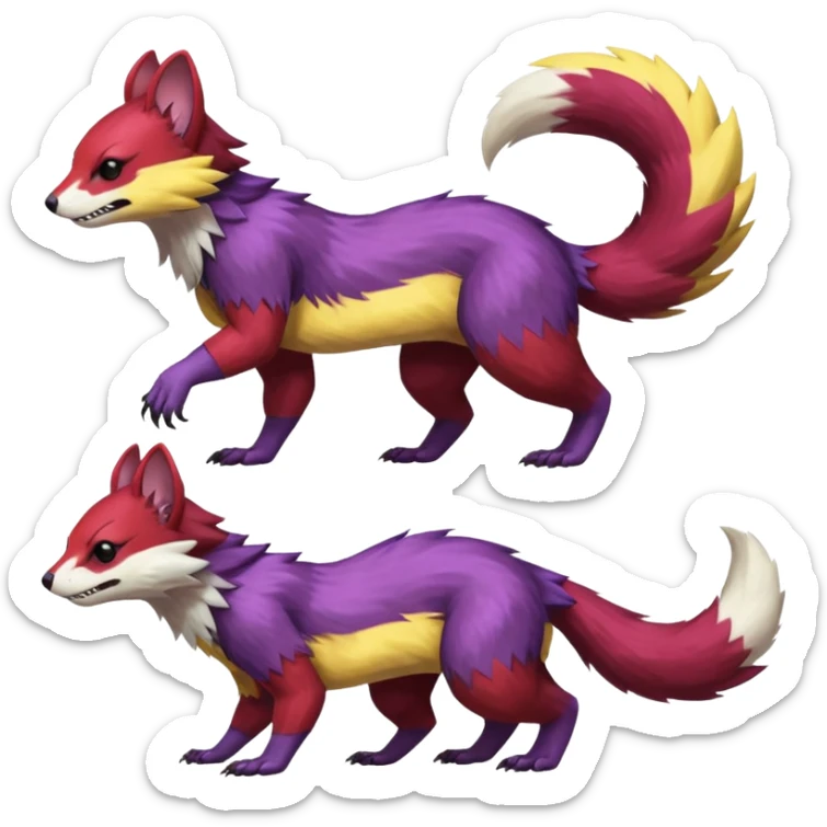Purple, red, yellow Trico-Sergal-Furret-Ferret-Wolverine-Vernid-fusion-Fakemon-animal-hybrid-creature, full body sticker