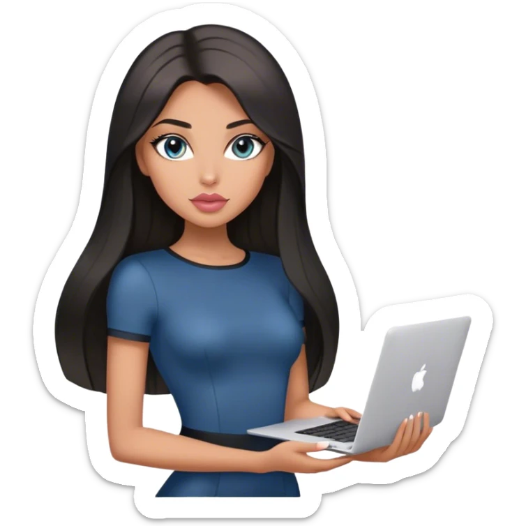 Glamours, tanned, very beautiful girl, with big pump peach-beige-rose lips, black straight smooth silky long hair, straight parting, blue-grey eyes, in short sleeves black bodysuit holding MacBook sticker