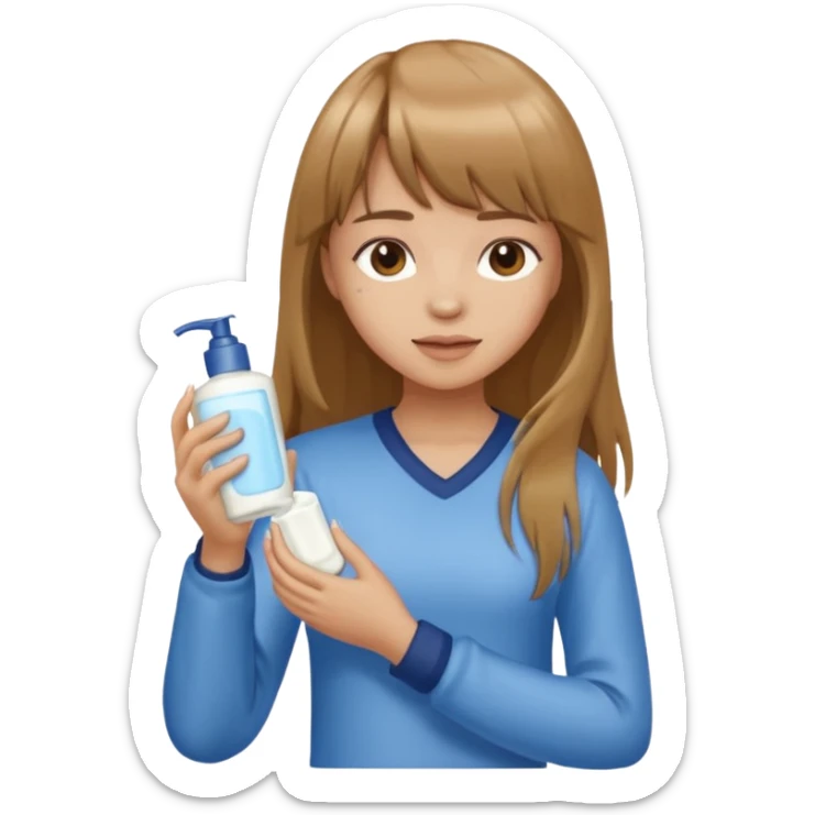 a girl with light skin and medium brown long hair with bangs who is applying lotion to her body show her whole body sticker